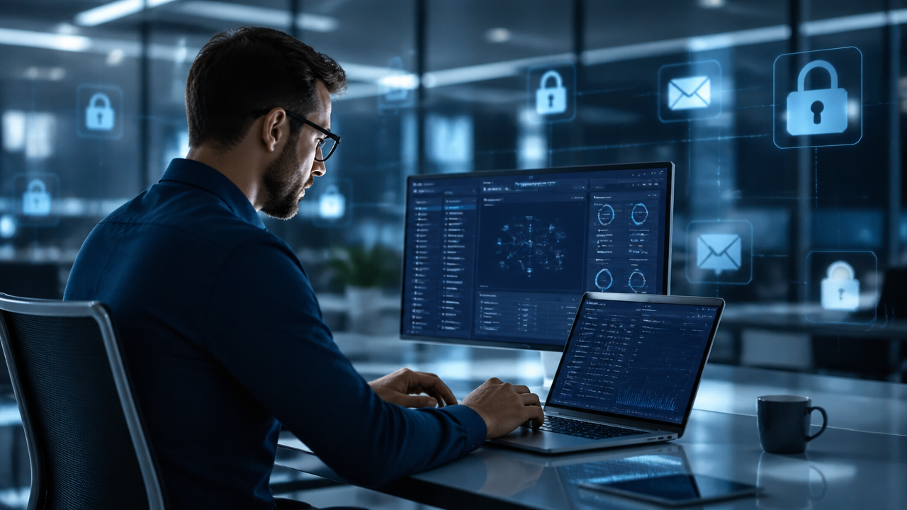 Profissional de tecnologia revisando segurança, permissões e auditoria em automações com IA.