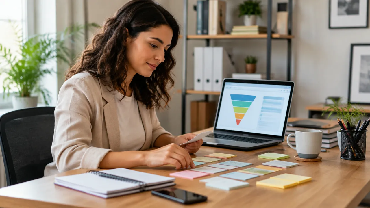 Profissional de vendas organizando tarefas e oportunidades enquanto compara um painel genérico de CRM