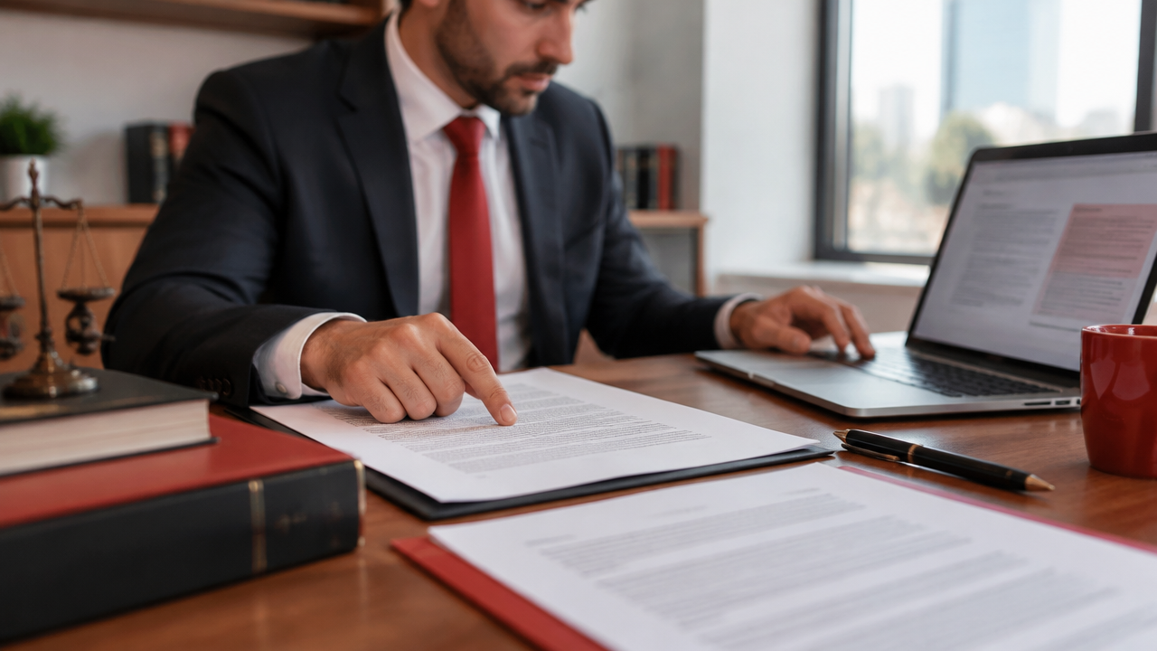 Profissional do Direito confere um contrato impresso enquanto usa uma ferramenta digital para localizar cláusulas