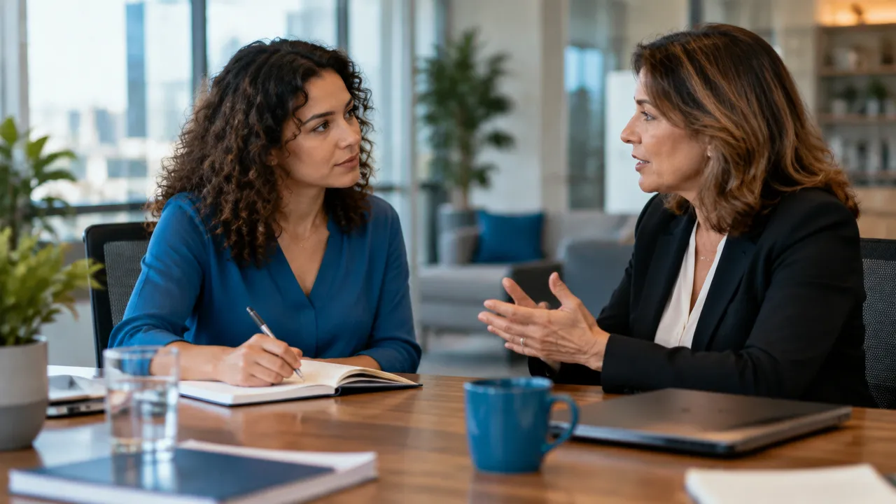 Profissional e gestora conversam sobre responsabilidades e critérios de sucesso após uma promoção
