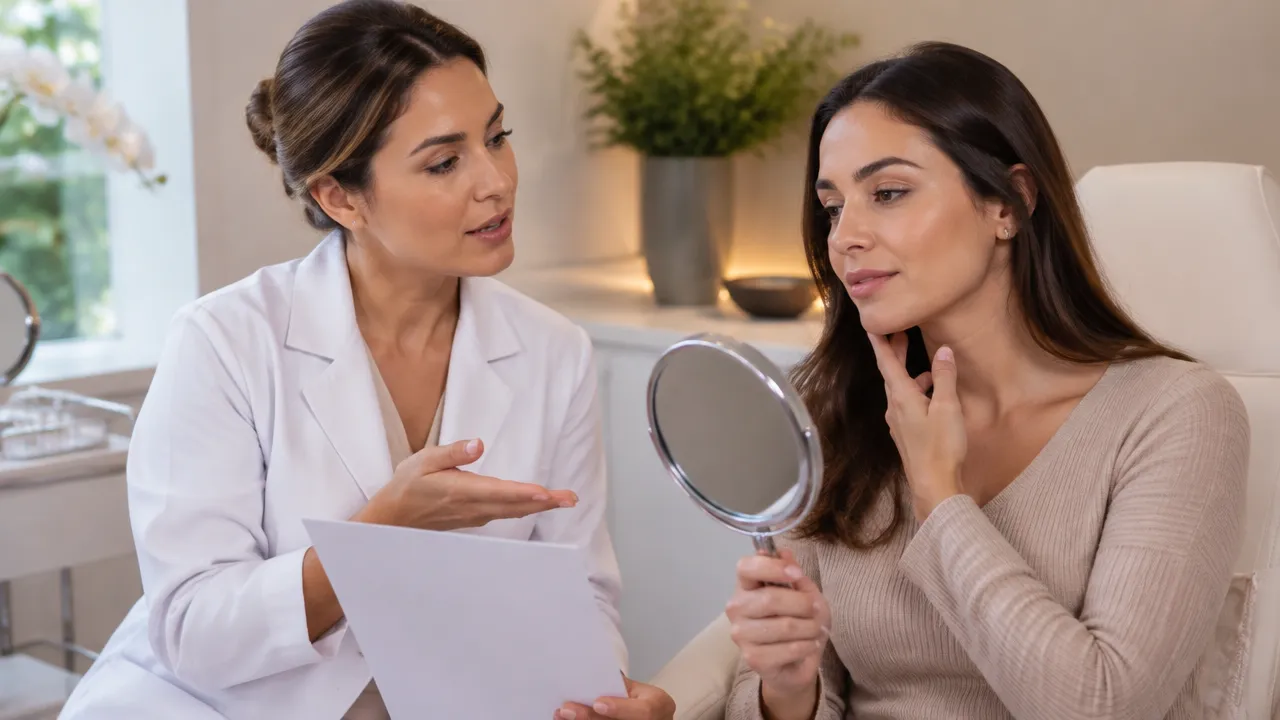 Profissional e paciente conversam sobre um plano individualizado de cuidado facial em clínica acolhedora