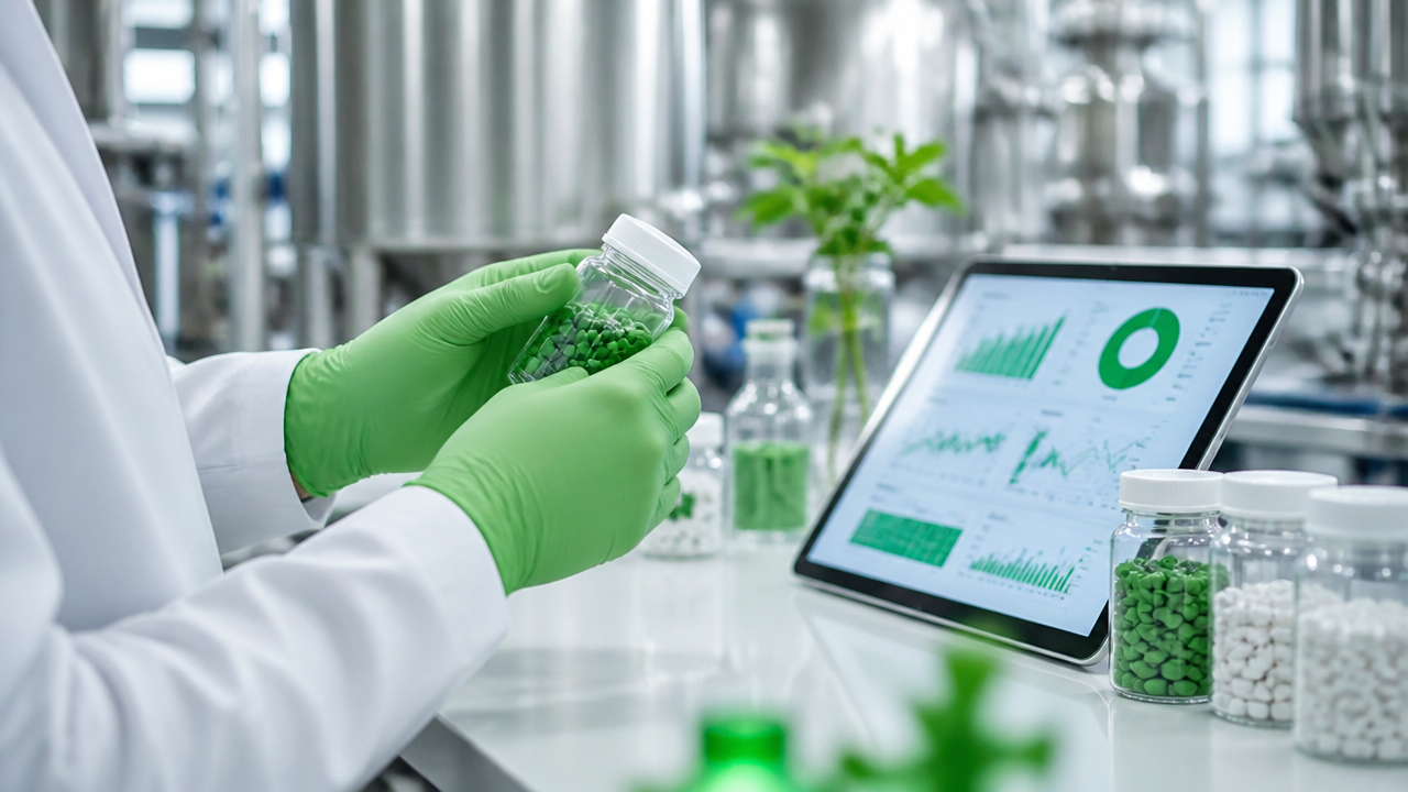 Profissional em laboratório farmacêutico analisando frascos e dados de qualidade em ambiente moderno
