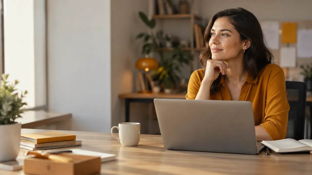 Profissional em pausa consciente diante de uma tarefa prioritária em uma mesa de trabalho organizada