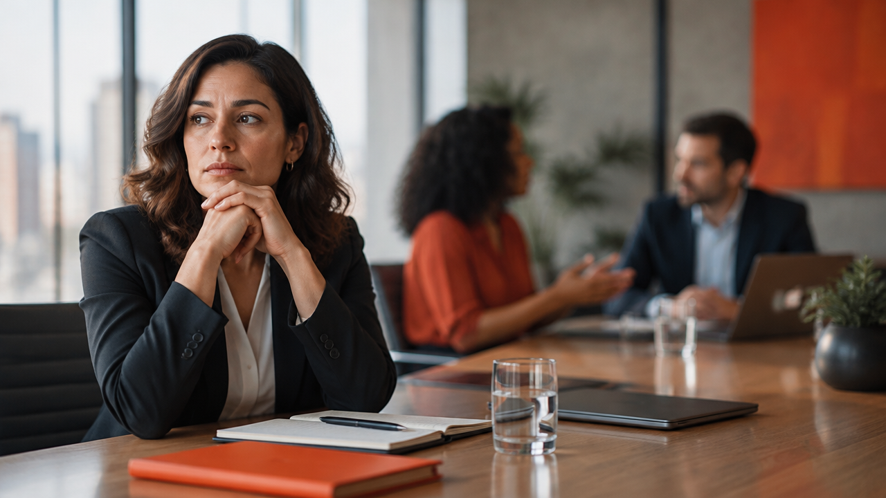 Profissional em reunião contém a tensão enquanto colegas conversam, representando custos invisíveis das emoções suprimidas no trabalho.