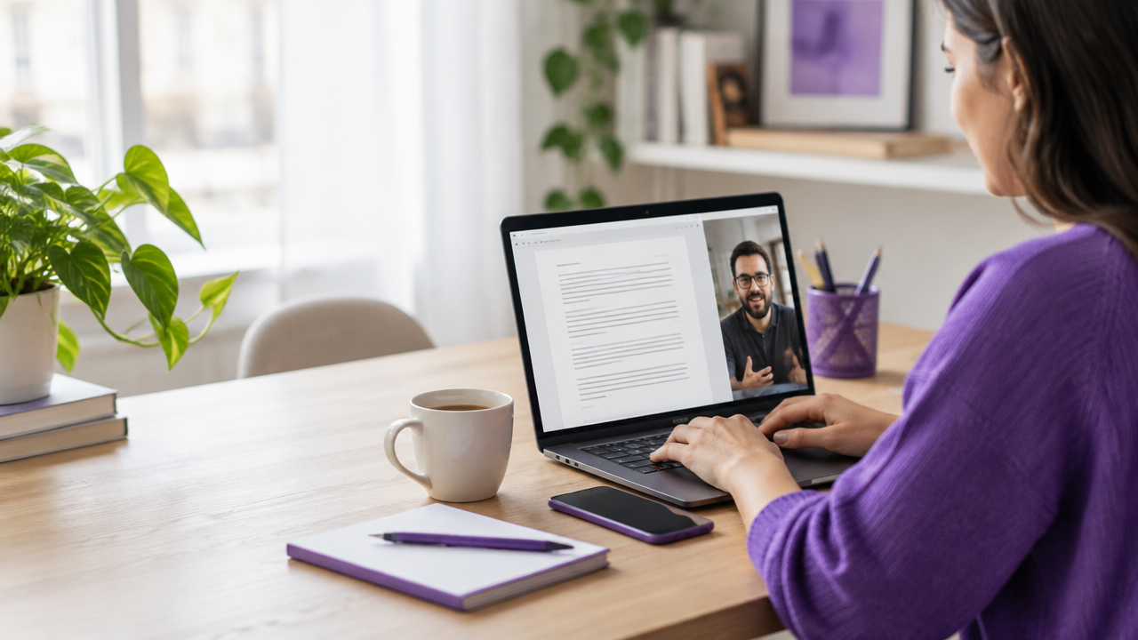 Profissional escreve um artigo de convidado em um laptop durante uma colaboração editorial