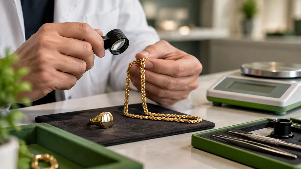 Profissional examina uma corrente e um anel de ouro com balança de precisão e lupa em uma bancada organizada.