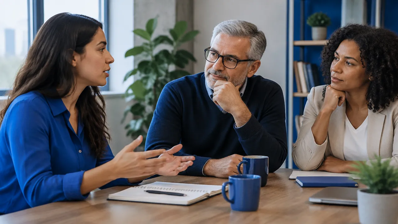 Profissional experiente escuta atentamente uma colega mais jovem durante uma conversa de equipe