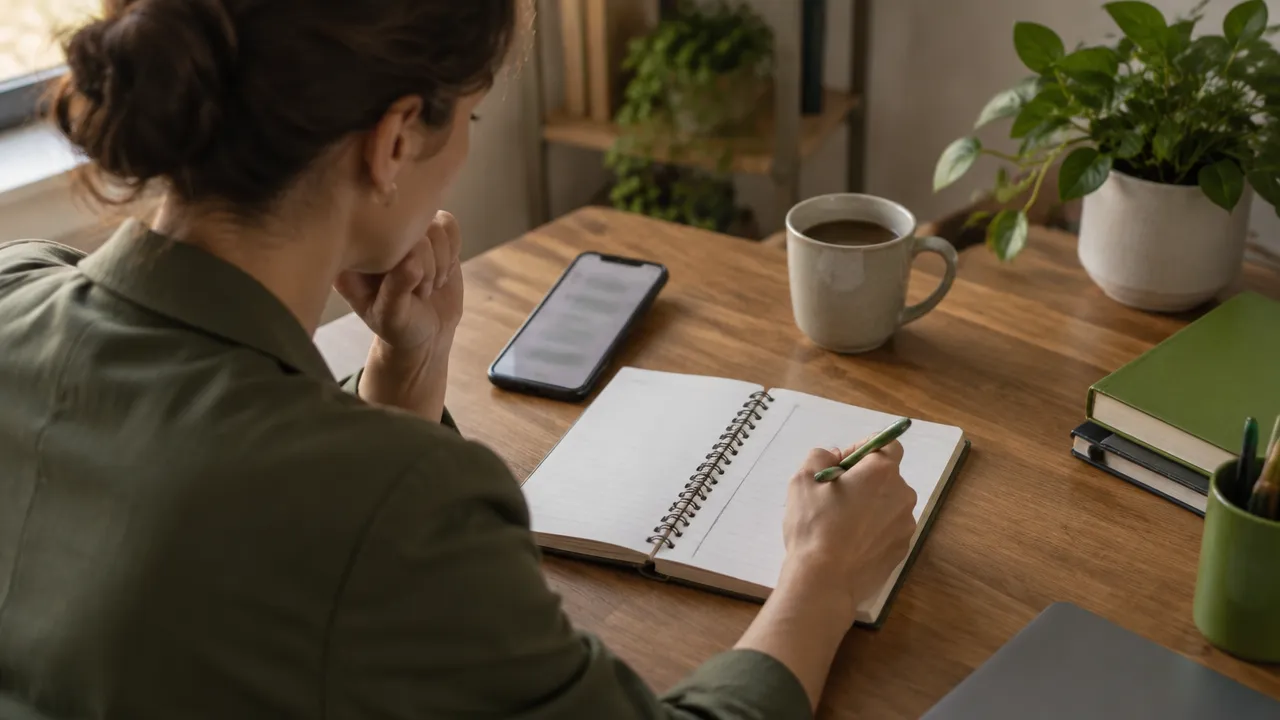 Profissional faz uma pausa antes de responder a uma mensagem difícil e registra fatos e ações possíveis em um caderno.
