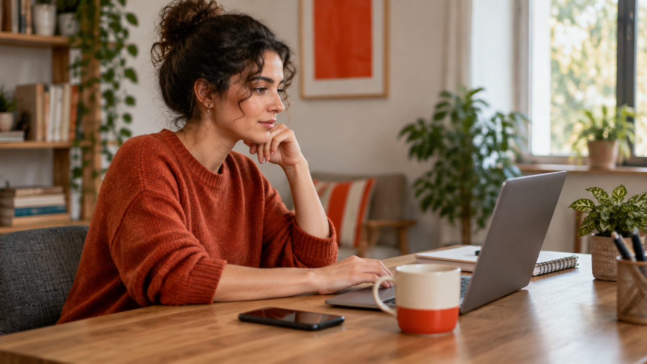 Profissional faz uma pausa consciente antes de responder a uma mensagem de trabalho remoto