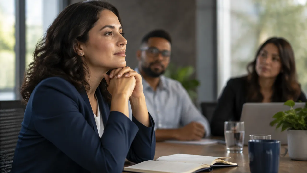 Profissional faz uma pausa consciente antes de responder durante uma reunião de trabalho.