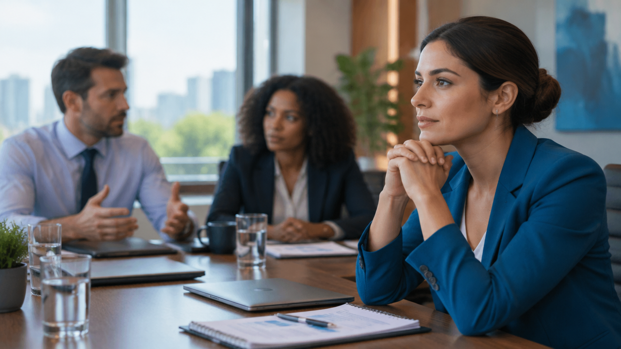 Profissional faz uma pausa consciente durante uma reunião tensa para responder com equilíbrio emocional
