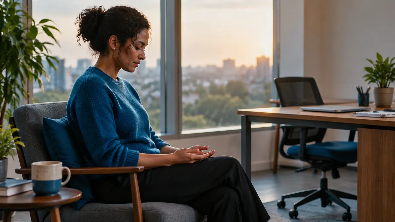 Profissional faz uma pausa consciente junto à janela e observa sinais de sobrecarga no trabalho.