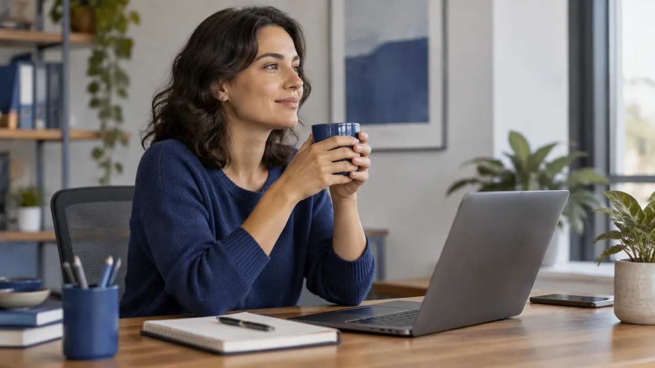 Profissional faz uma pausa consciente junto ao computador durante a rotina de trabalho