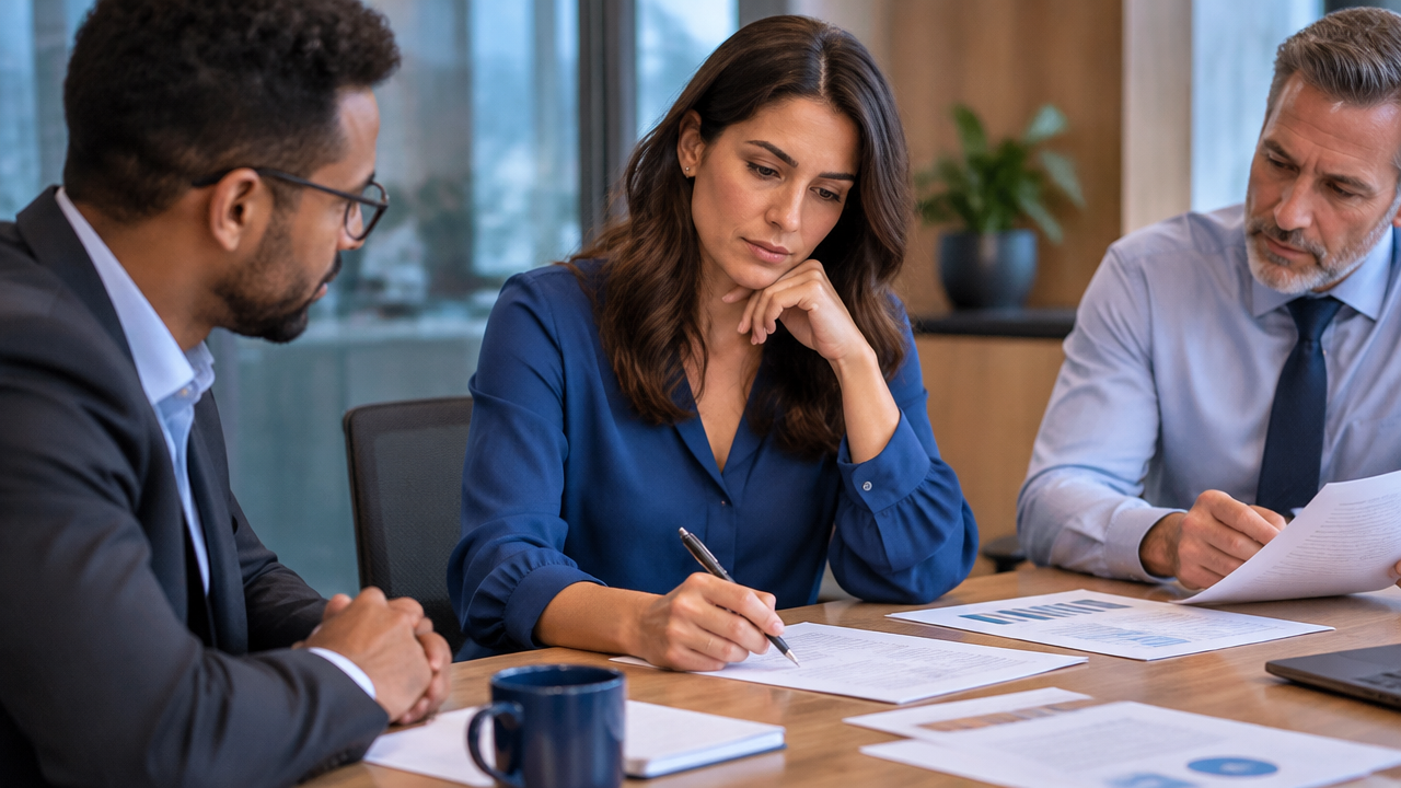 Profissional faz uma pausa para avaliar com colegas uma decisão importante no trabalho