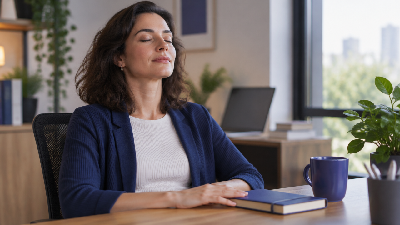 Profissional faz uma pausa para respirar e perceber o corpo durante o trabalho