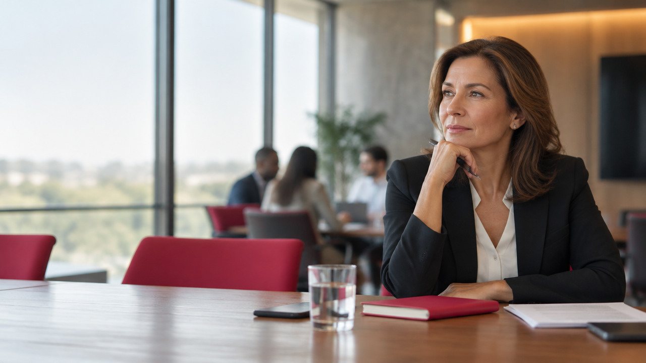 Profissional faz uma pausa reflexiva antes de tomar uma decisão importante no trabalho