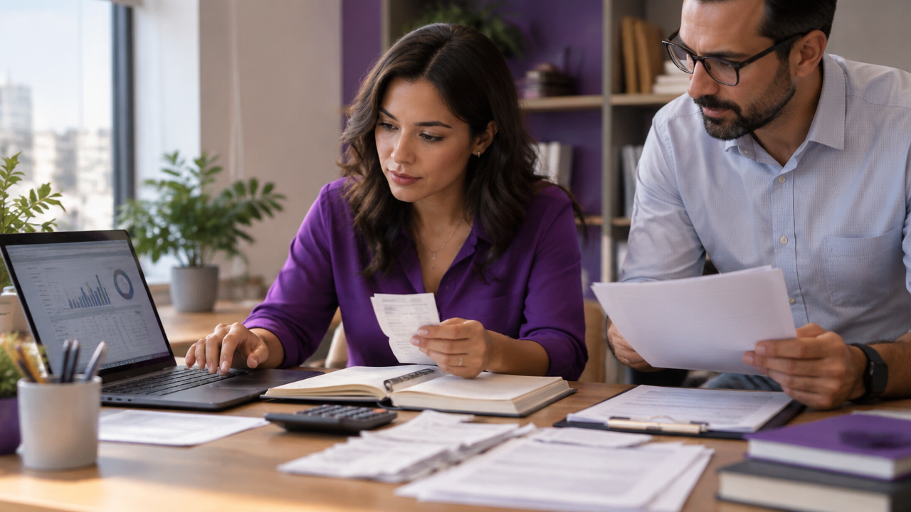 Profissional financeira organiza pagamentos e documentos enquanto a empresa revisa as informações