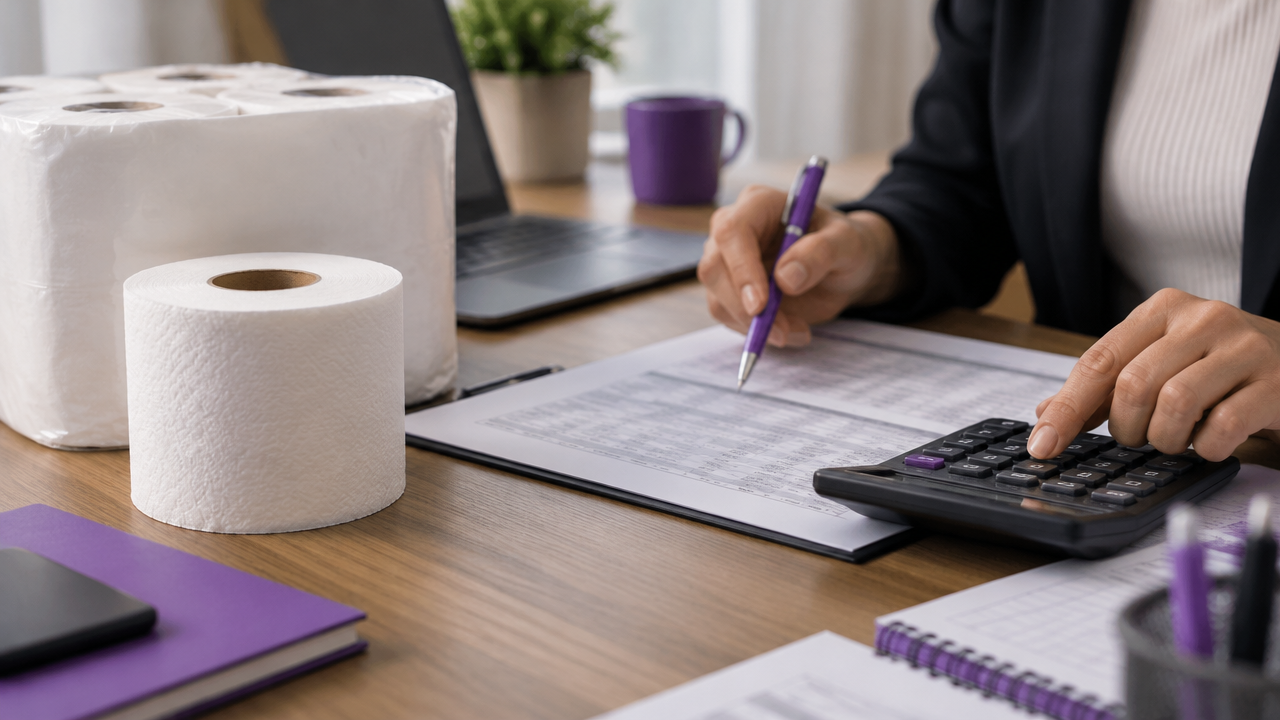 Profissional fiscal usando calculadora e conferindo documentos ao lado de um produto de papel higiênico sem marca