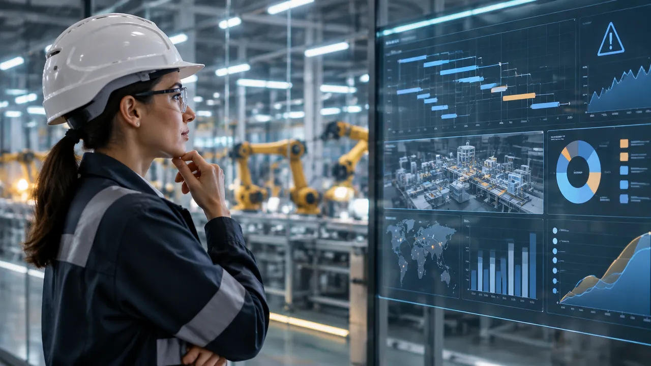 Profissional industrial usa painéis digitais para acompanhar riscos e andamento de projetos