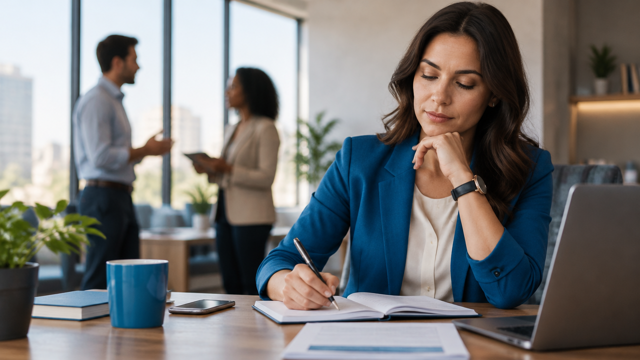Profissional mantém a calma e reflete antes de responder a uma crítica no ambiente de trabalho.