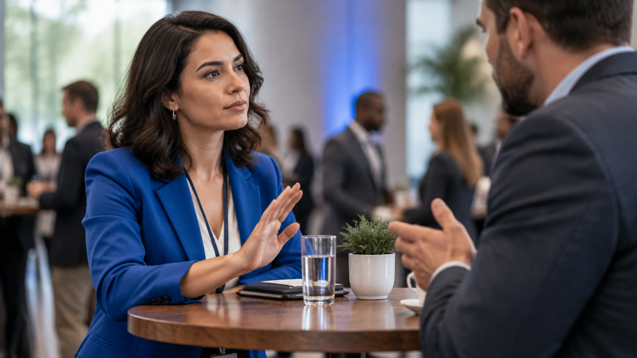 Profissional mantém uma postura atenta e delimita com serenidade os limites de uma conversa de networking.