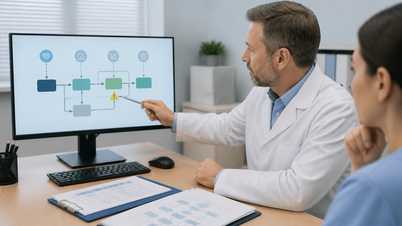 Profissional mapeando o fluxo digital de exames cardiológicos para identificar gargalos operacionais