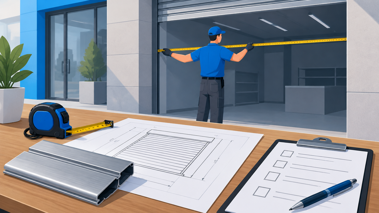 Profissional medindo o vão de uma loja com desenho técnico e amostras de aço sobre a mesa