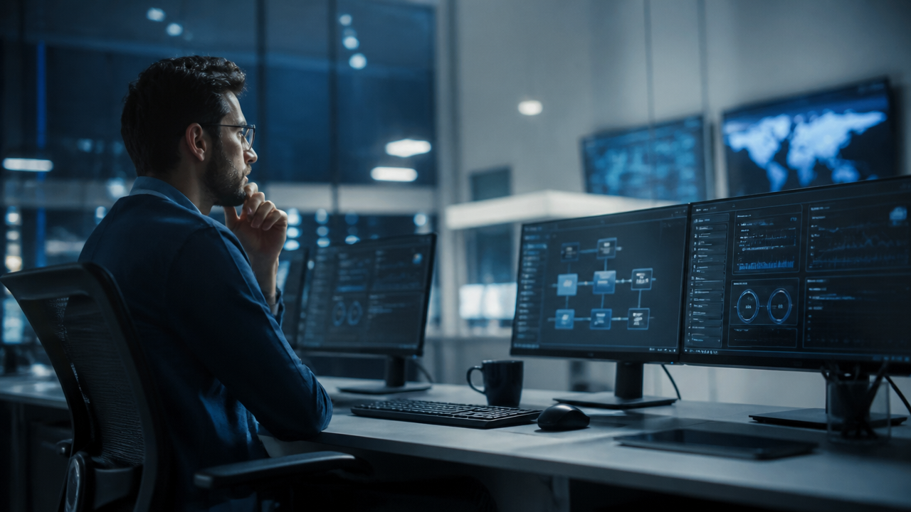 Profissional monitorando controles de governança e segurança de uma solução de IA