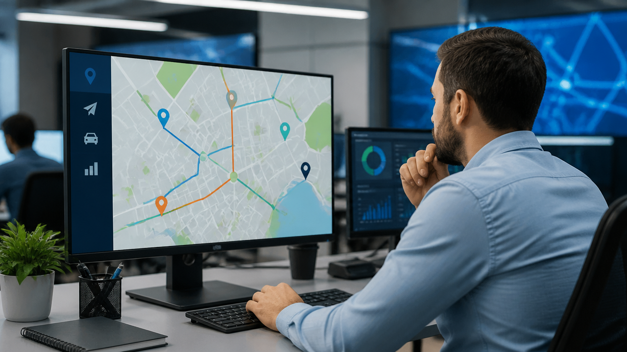 Profissional monitorando rotas e embarques em central de operações de transporte
