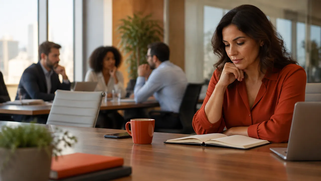 Profissional observa com atenção uma reunião de equipe, representando padrões emocionais que se repetem no trabalho.