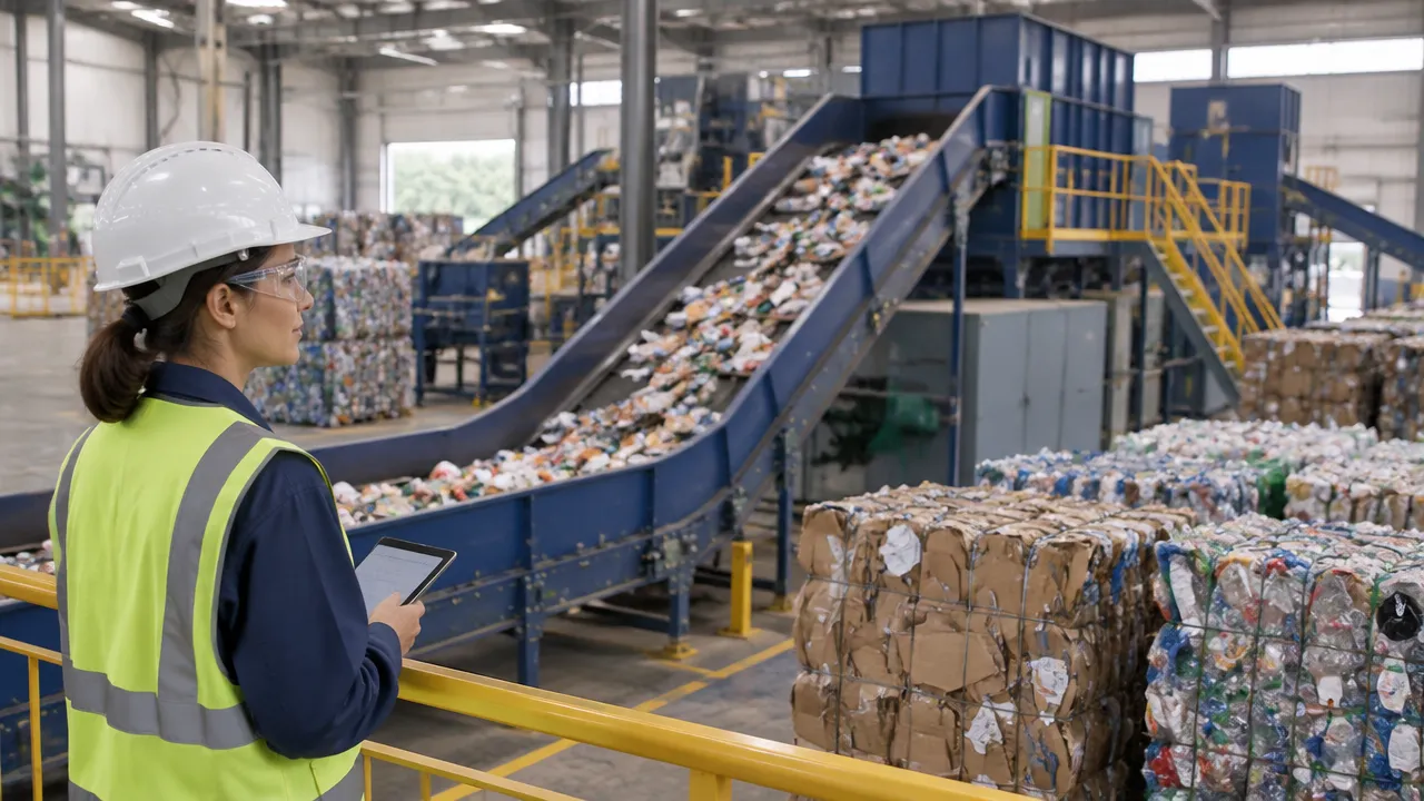 Profissional observa materiais recicláveis em uma instalação de triagem moderna