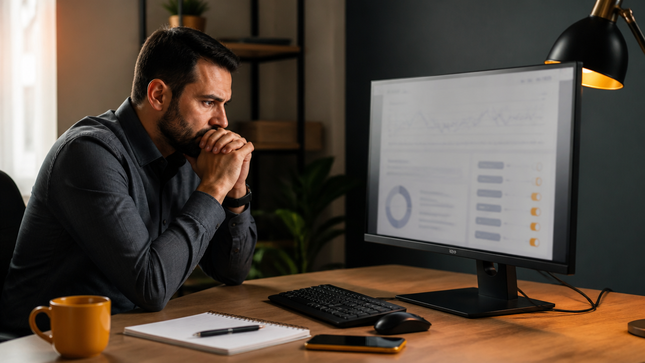 Profissional observa painel genérico de anúncios pausados após perder acesso à página da empresa