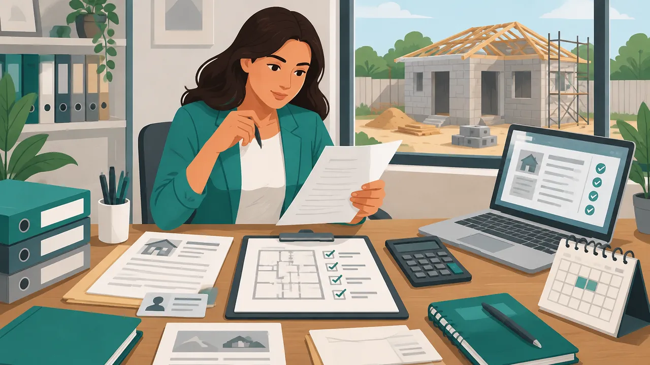 Profissional organiza documentos, checklist e dados digitais para conferir a regularização de uma obra
