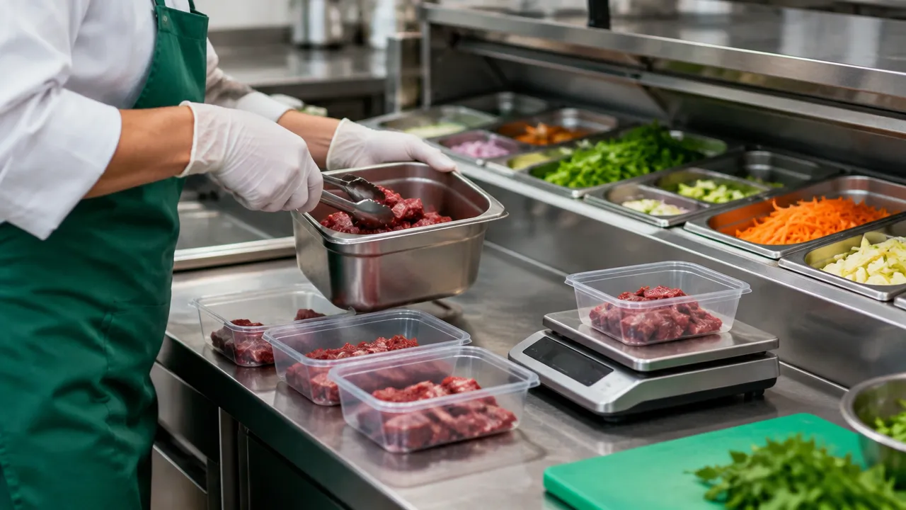 Profissional organiza ingredientes em porções individuais numa bancada limpa de cozinha comercial