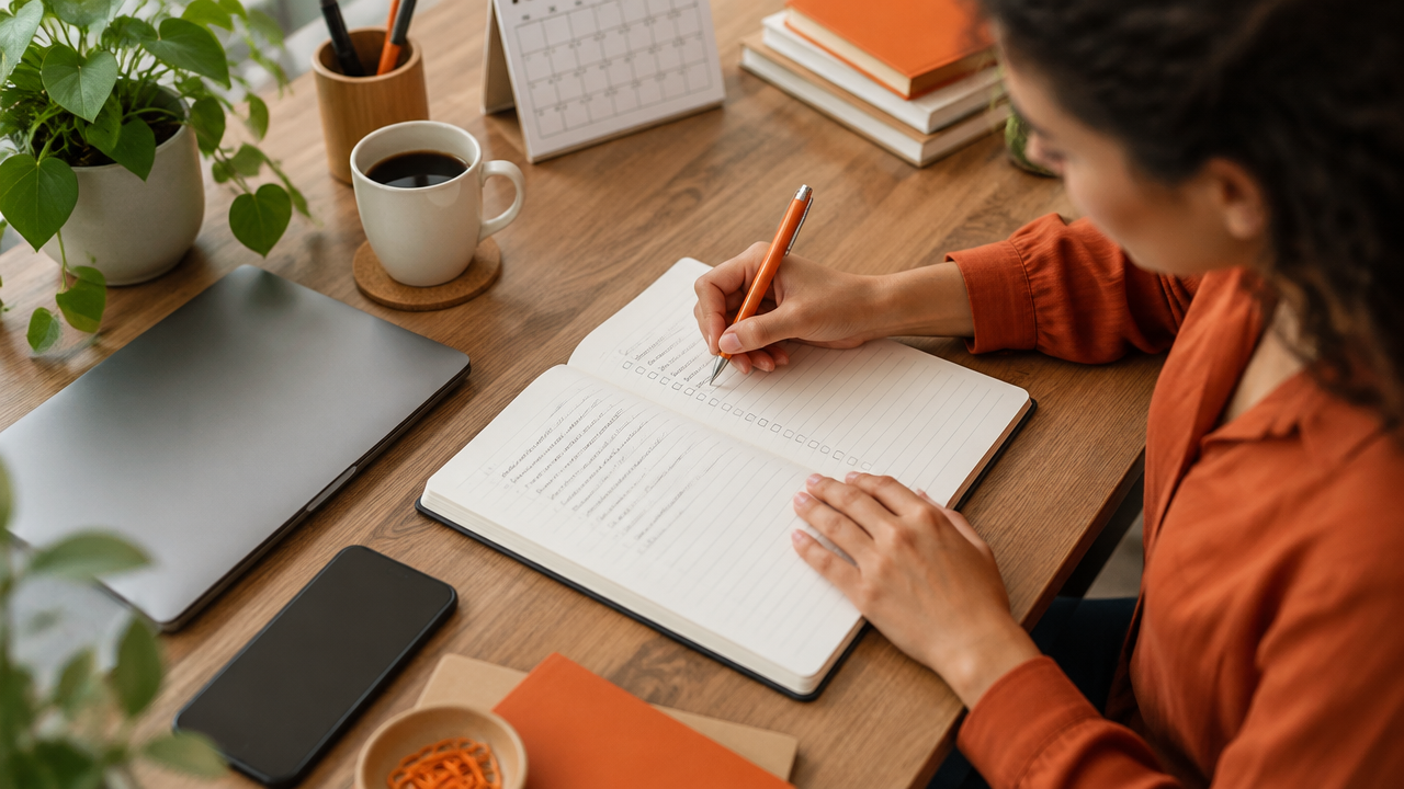 Profissional organizando anotações de feedback em próximos passos no caderno