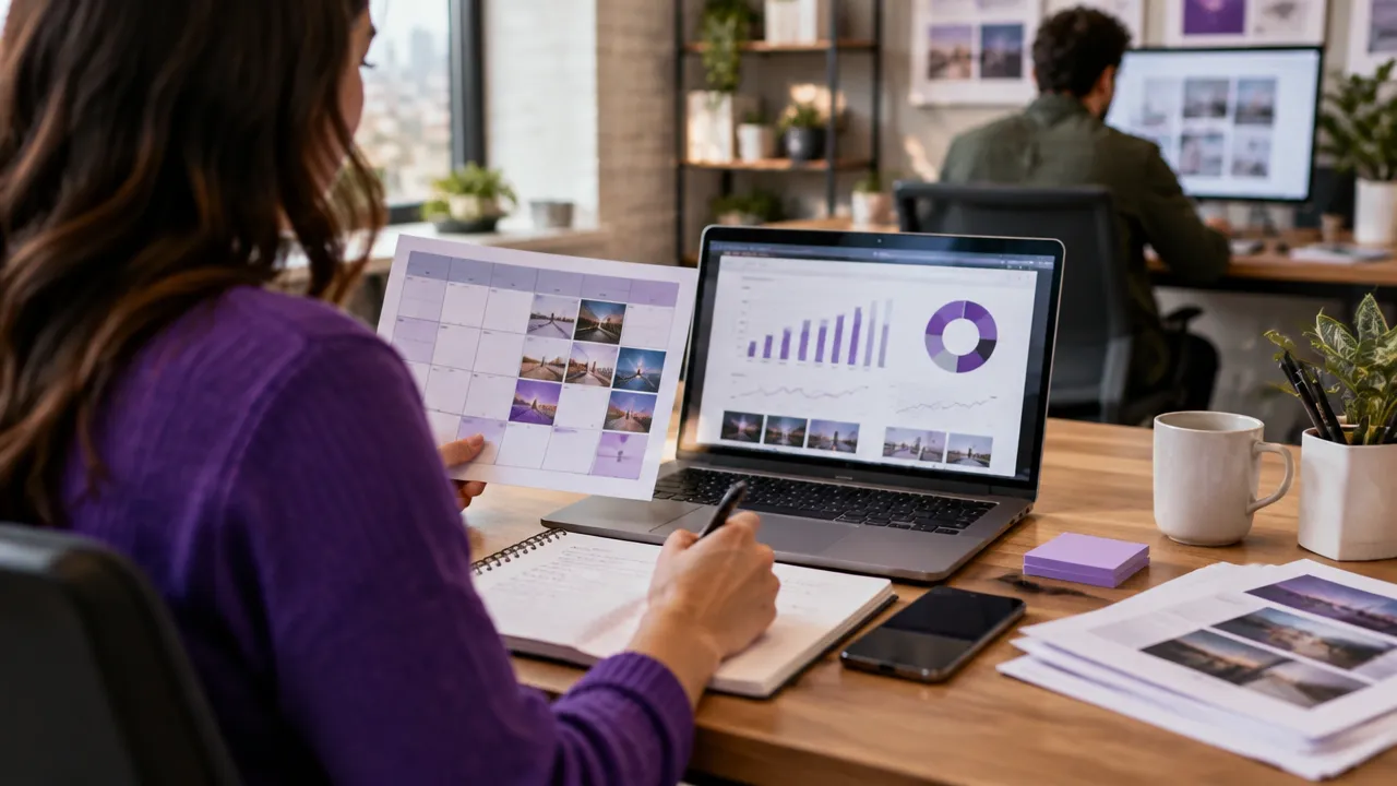 Profissional organizando calendário editorial e analisando dados para marketing B2B