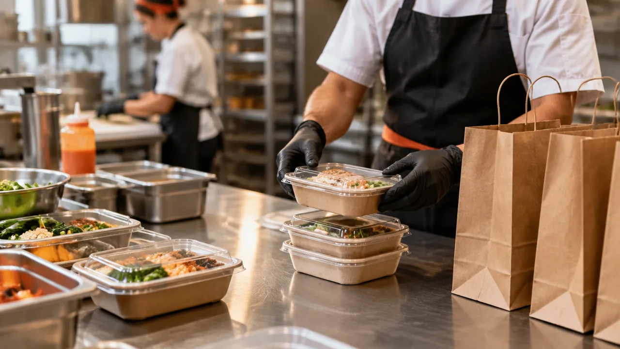 Profissional organizando pedidos embalados na área de expedição de uma cozinha compartilhada
