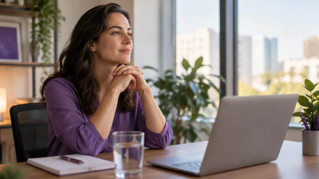 Profissional pausa e respira antes de responder a uma mensagem difícil no trabalho