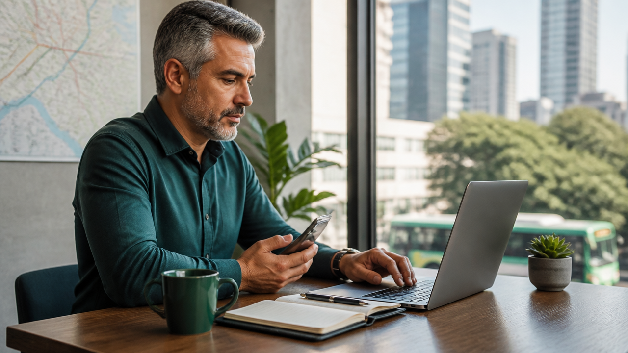 Profissional pesquisando vagas de emprego por cidade e estado no notebook e no celular.