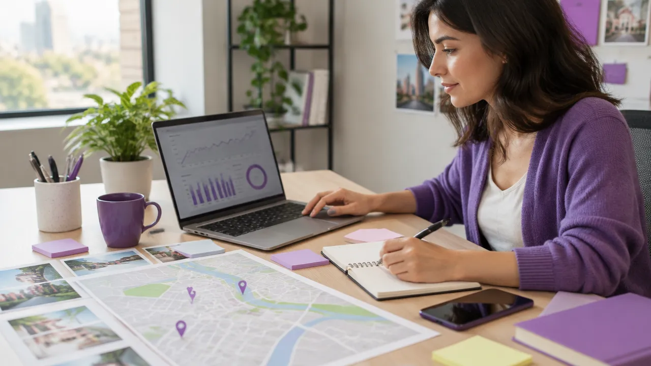 Profissional planeja conteúdos e páginas locais em um notebook com mapa e calendário sobre a mesa