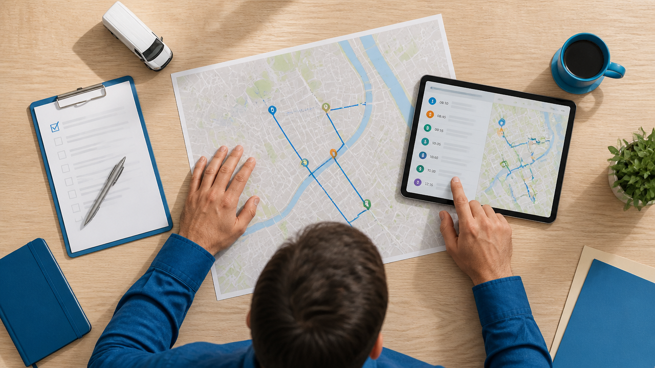Profissional planejando sequência de paradas e horários em mapa e tablet