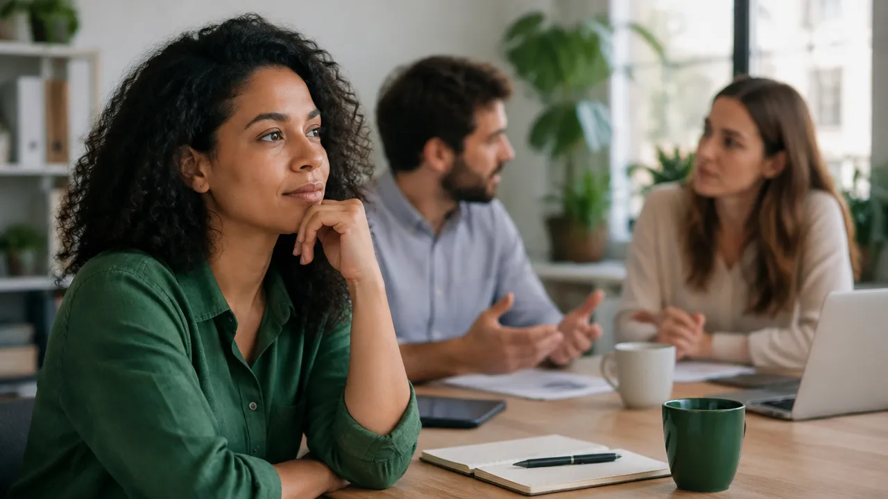 Profissional ponderando antes de aderir à decisão discutida pelo grupo