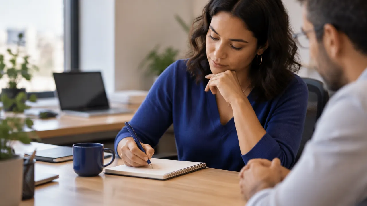 Profissional ponderando opções e consequências antes de tomar uma decisão ética no trabalho.