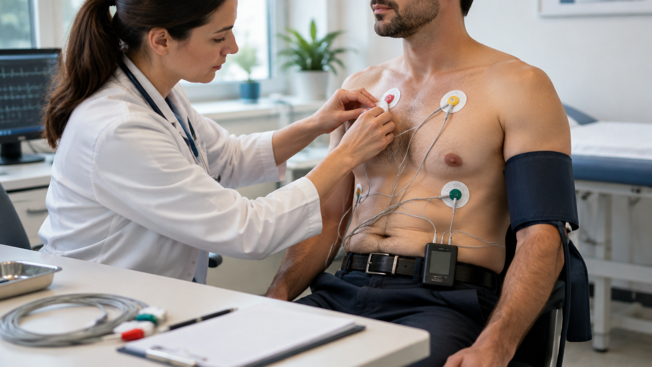 Profissional posiciona eletrodos e dispositivos de Holter e MAPA durante a preparação de exames cardiológicos
