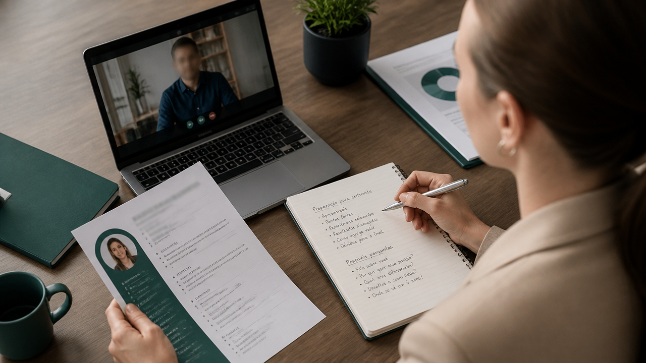 Profissional preparando respostas e materiais para entrevista de emprego