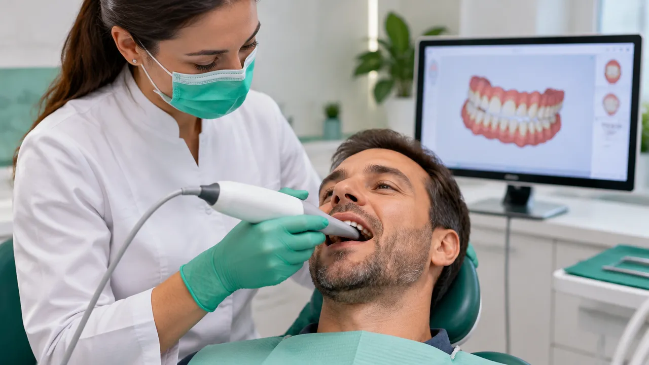 Cirurgiã-dentista realiza escaneamento intraoral em paciente, com modelo 3D dos dentes exibido em tela.
