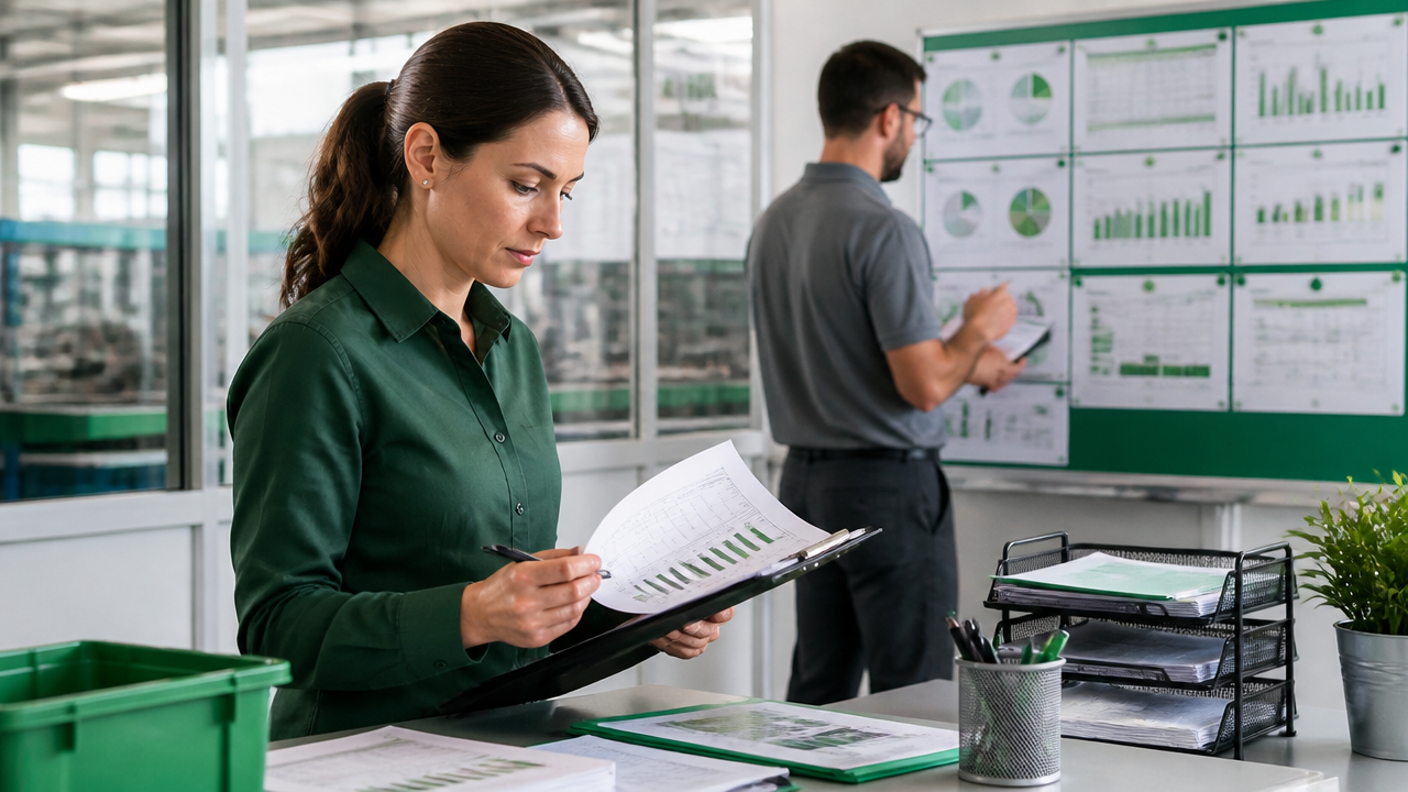 Profissional realizando auditoria interna e revisão de conformidade de processos