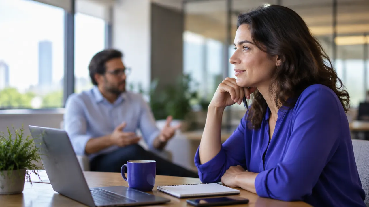 Profissional refletindo antes de uma conversa respeitosa no ambiente de trabalho, representando ética e responsabilidade.
