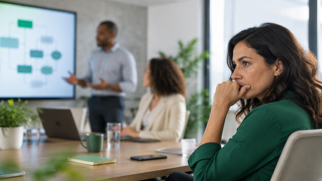 Profissional refletindo com insegurança durante a apresentação de um novo processo de trabalho