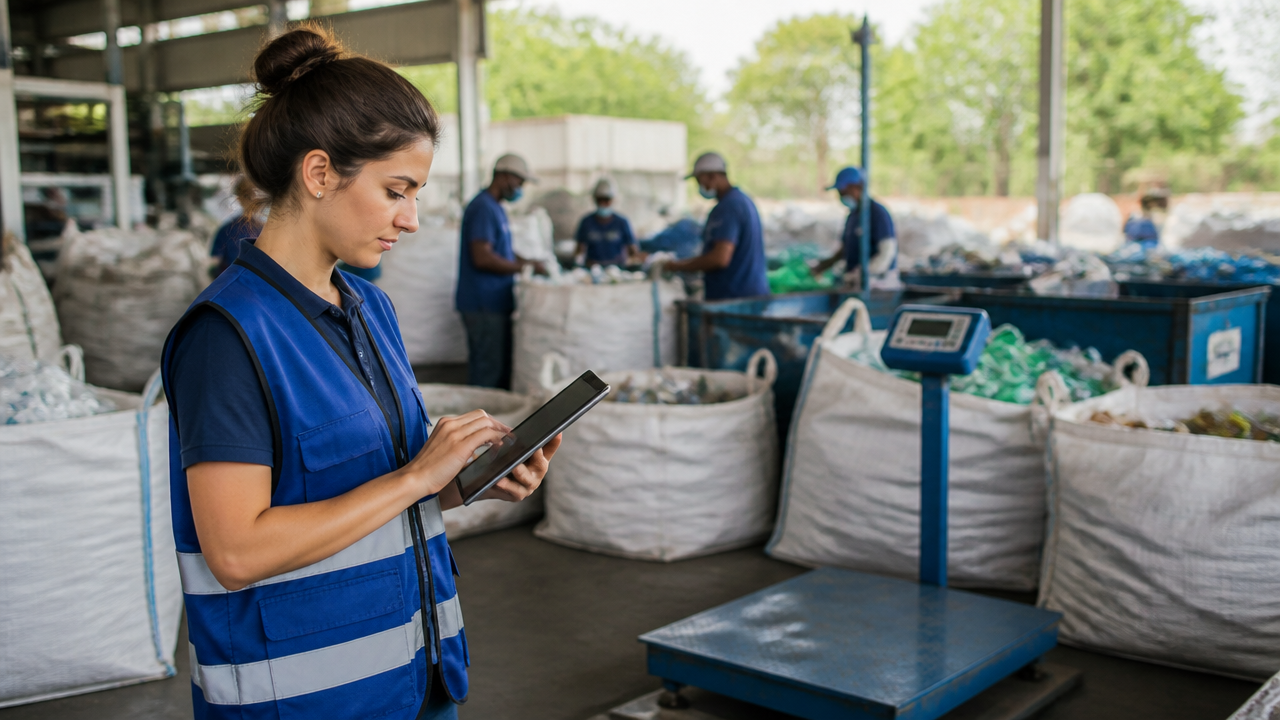Profissional registrando indicadores de impacto em operação de triagem e reciclagem.